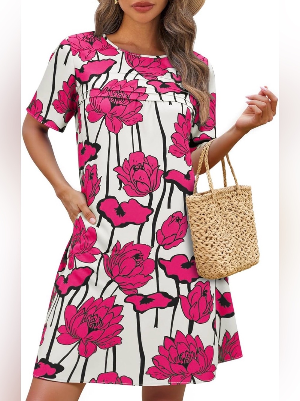 WENRINE Casual Floral Mini Dress Short Sleeve Pleated Front Loose Beach Tunic